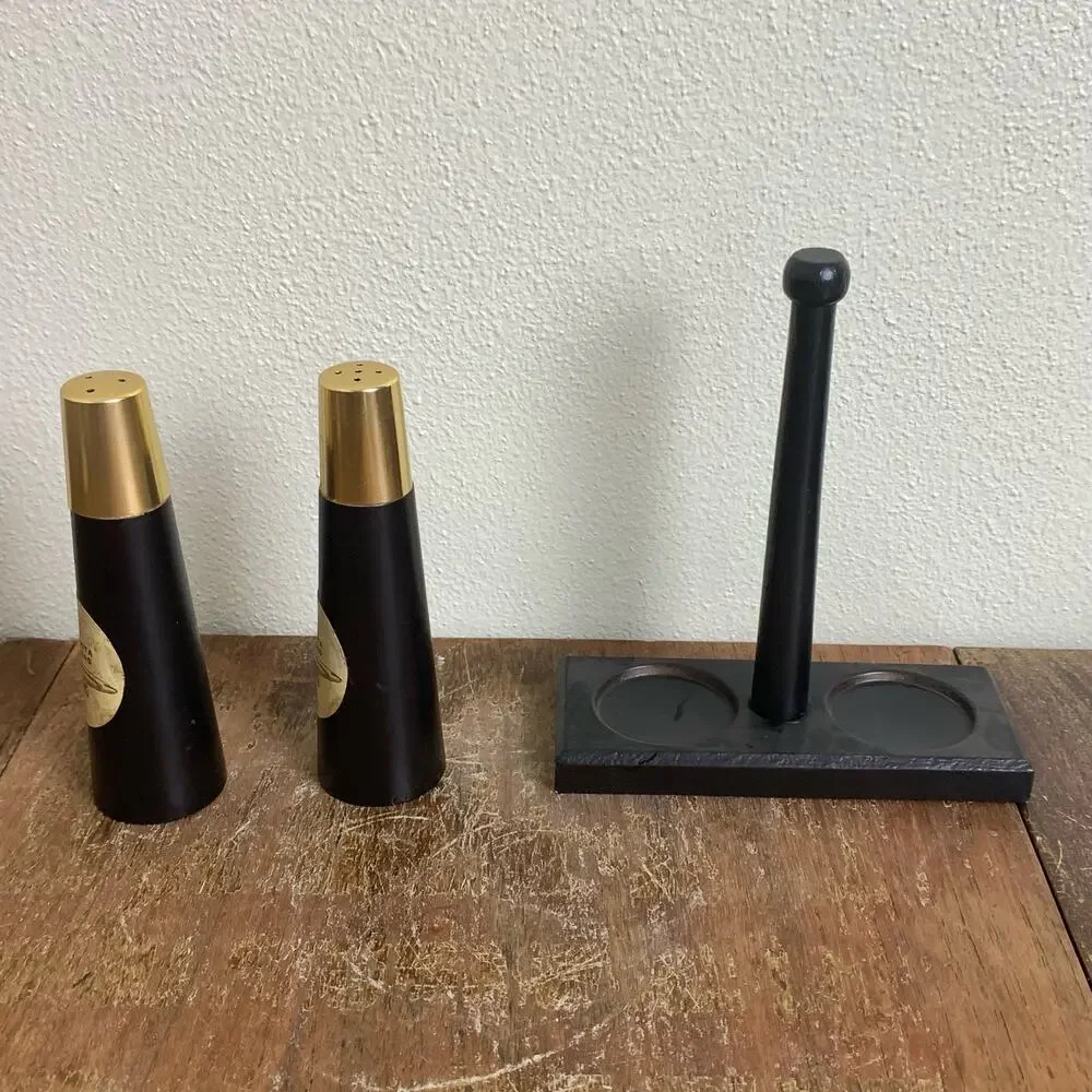 Mid Century Modern 3 PC Black Gold Wichita Kansas Salt Pepper‎ Shakers Souvenir